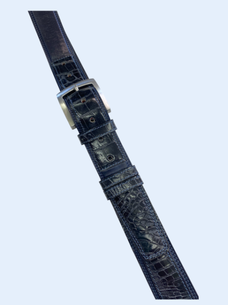 Men's leather belt Blue croco Nickel satin 4 cm