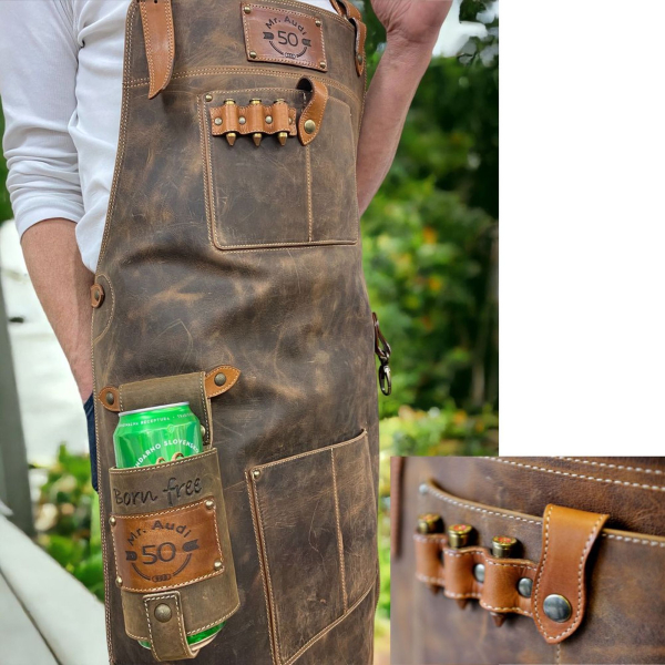 Personalizirani usnjeni predpasnik Army z držalom piva 