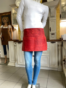 ON STOCK red leather half Apron pockets